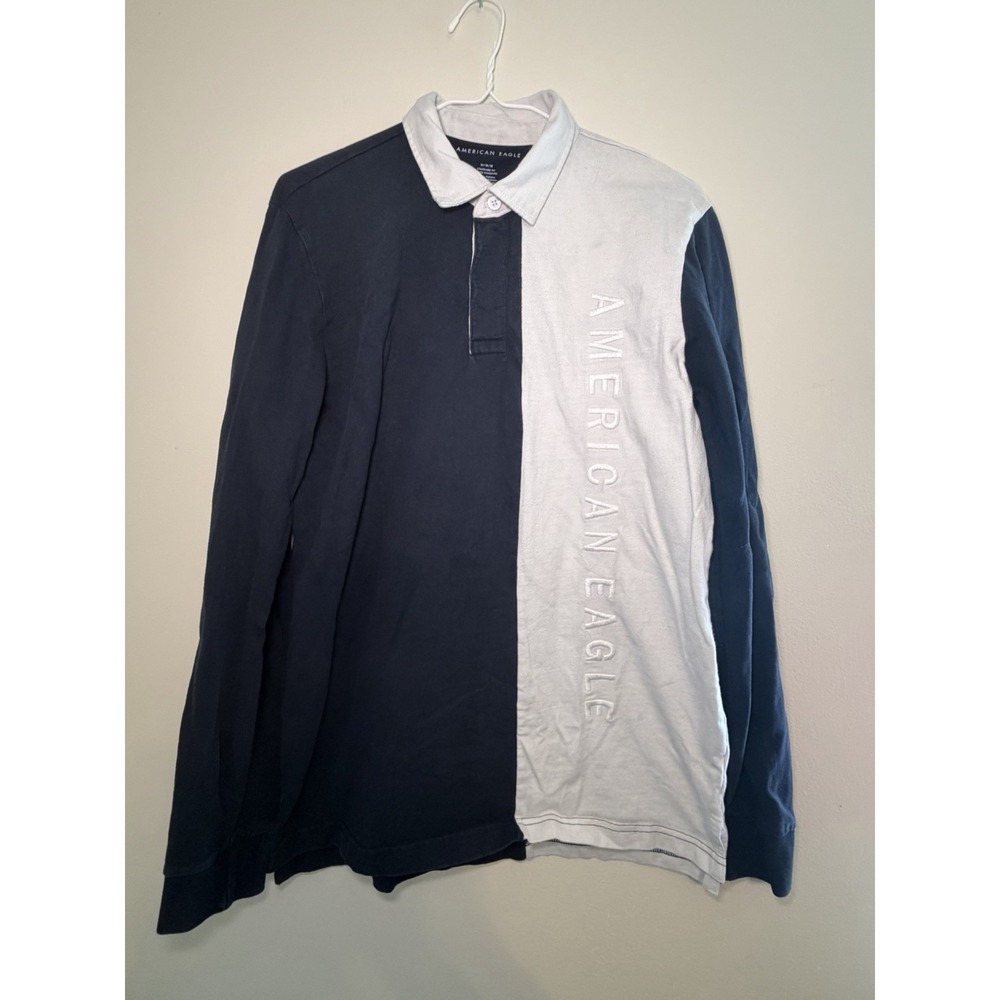 American Eagle Rugby Polo Mens M Blue White Stripe Embroidered Long Sleeve